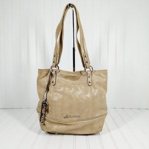 B. Makowsky Shiny Lizard Print Tan Cream Zip Closure Shoulder Tote Bag 0055